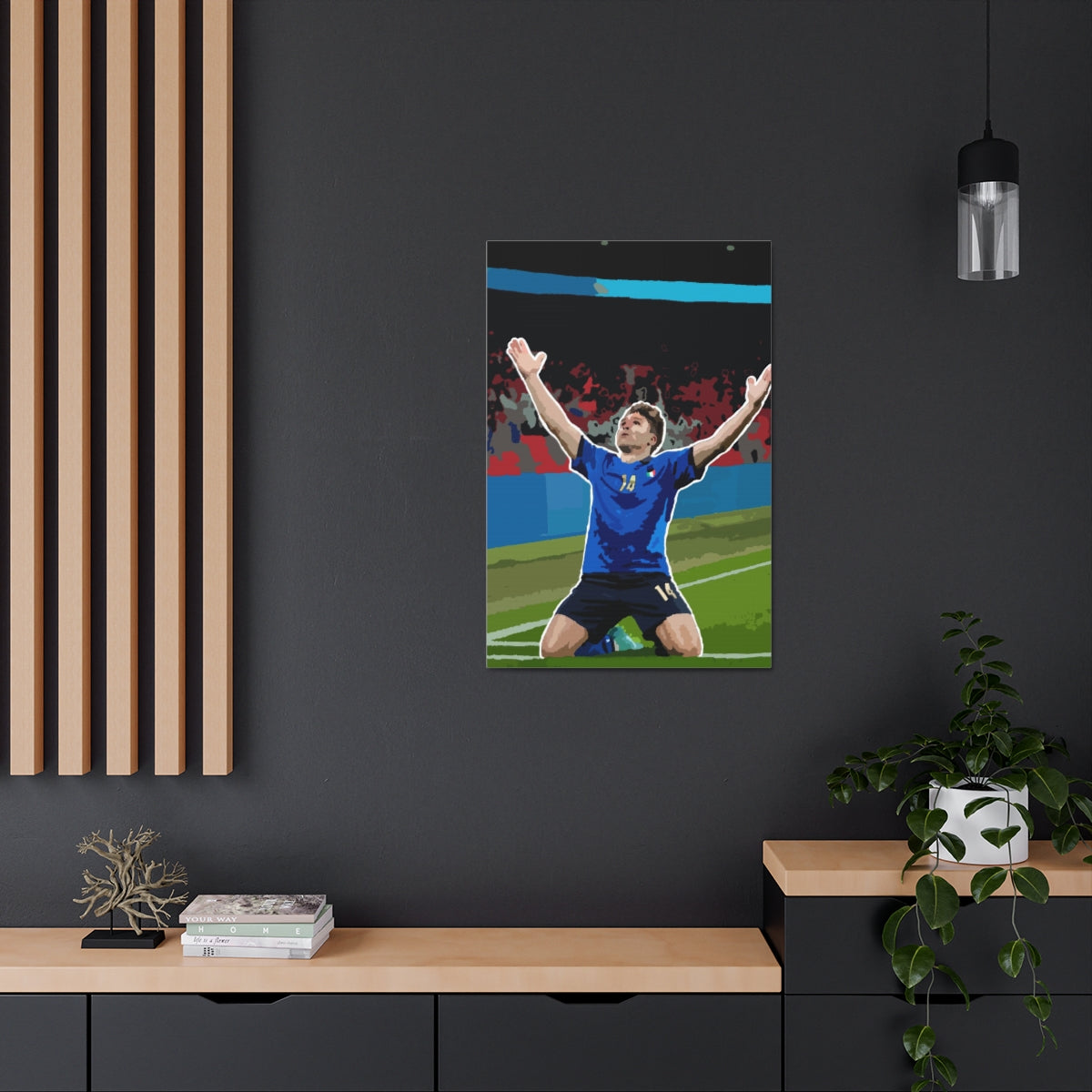 Contextual Front view of Federico Chiesa Italy celebrating Wembley stadium background satin canvas.