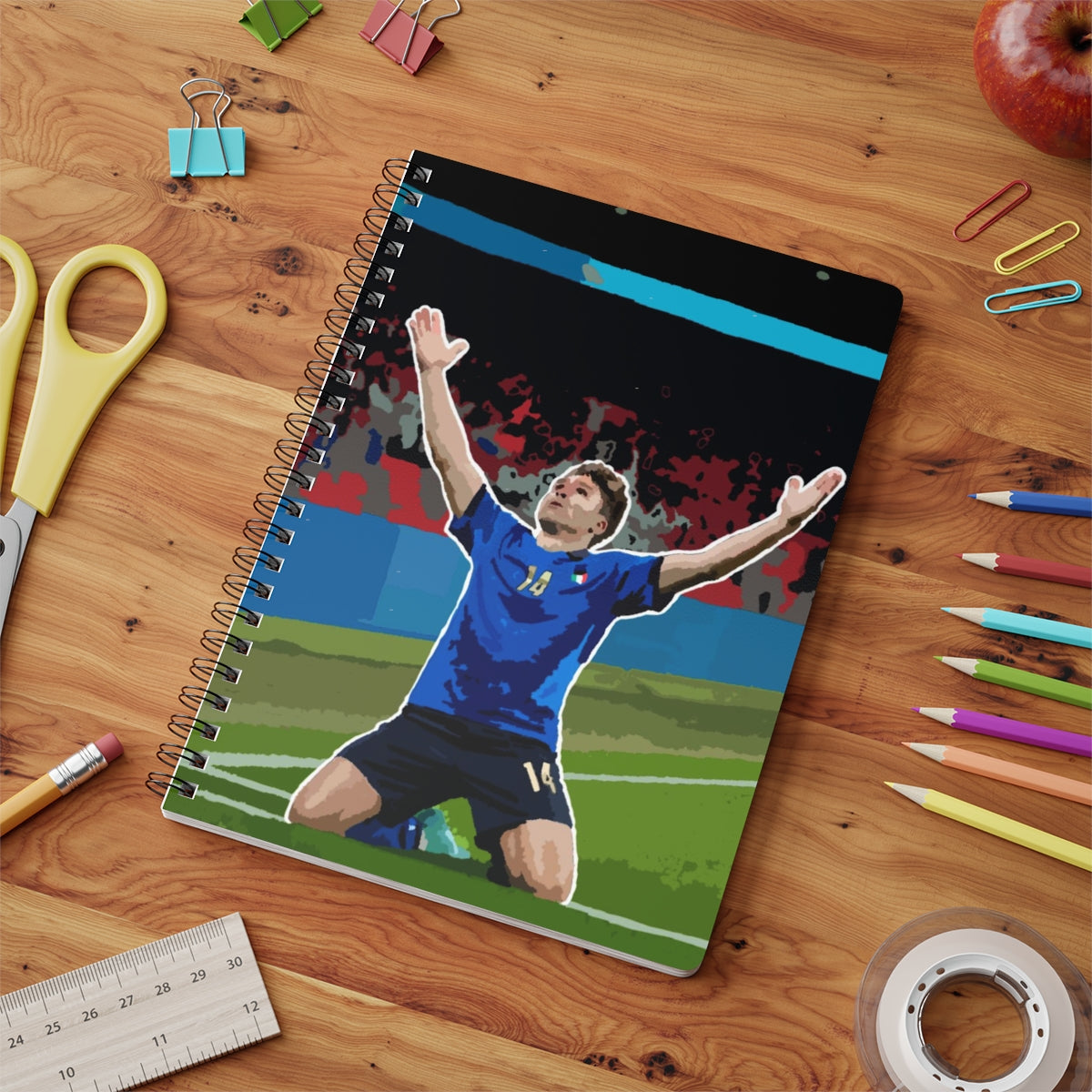 Contextual Front view of Federico Chiesa Italy celebrating Wembley stadium background A5 spiral notepad.