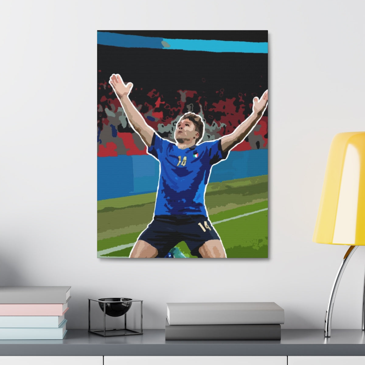 Contextual Front view of Federico Chiesa Italy celebrating Wembley stadium background satin canvas.