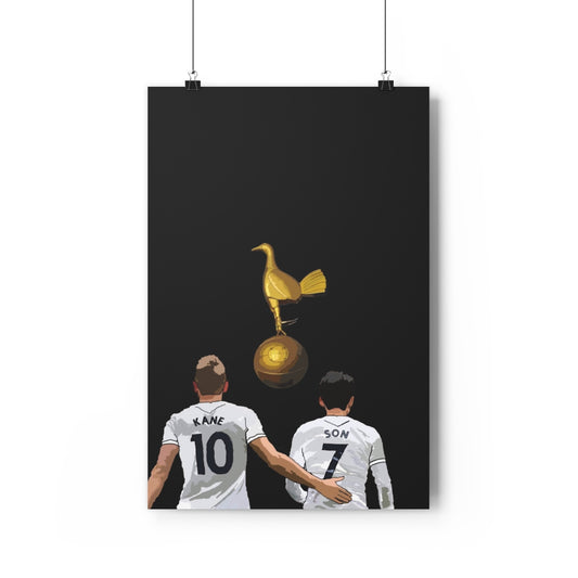 Front view of Harry Kane and Heung-Min Son with a gold cockrel on a black background hanging poster.