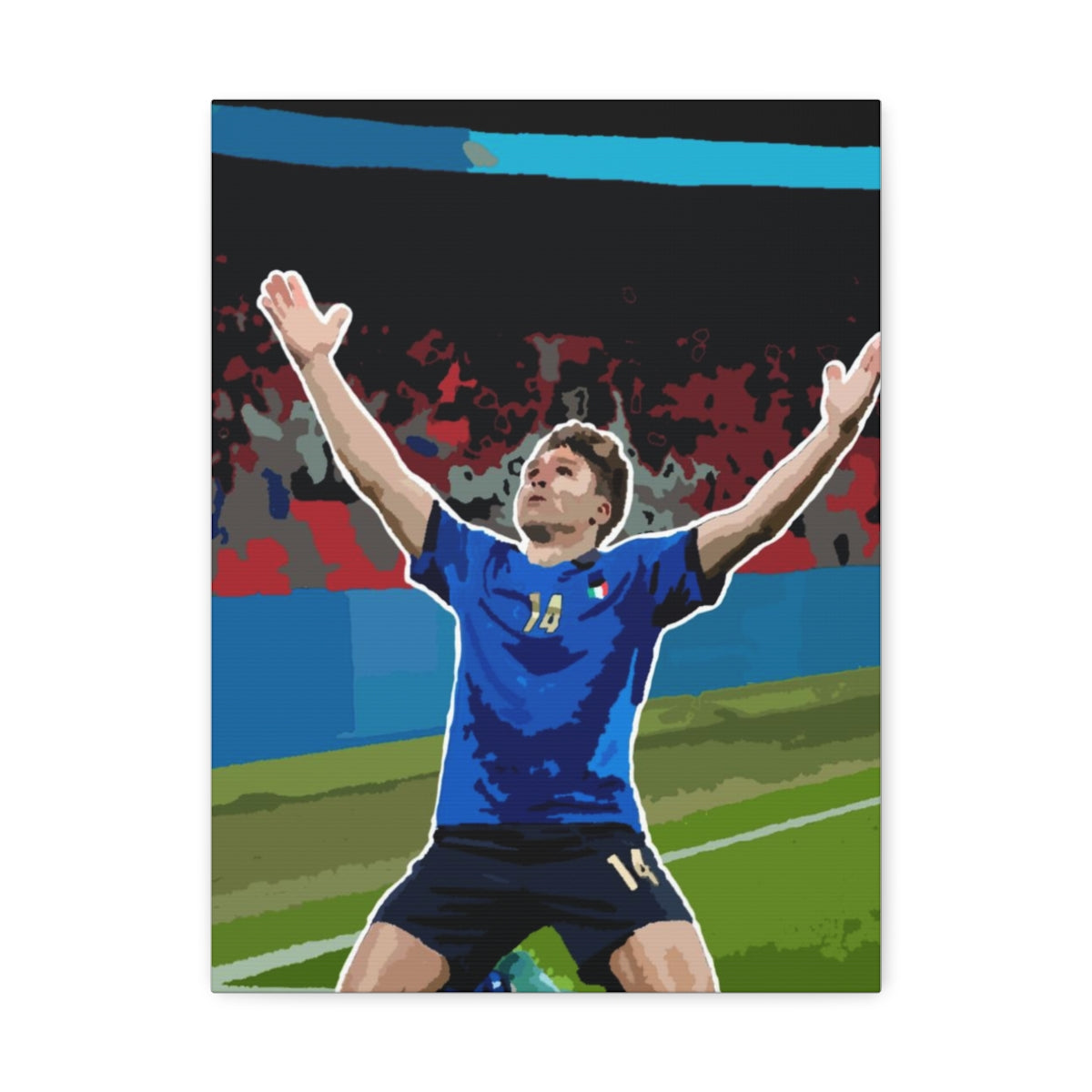 Contextual Front view of Federico Chiesa Italy celebrating Wembley stadium background satin canvas.