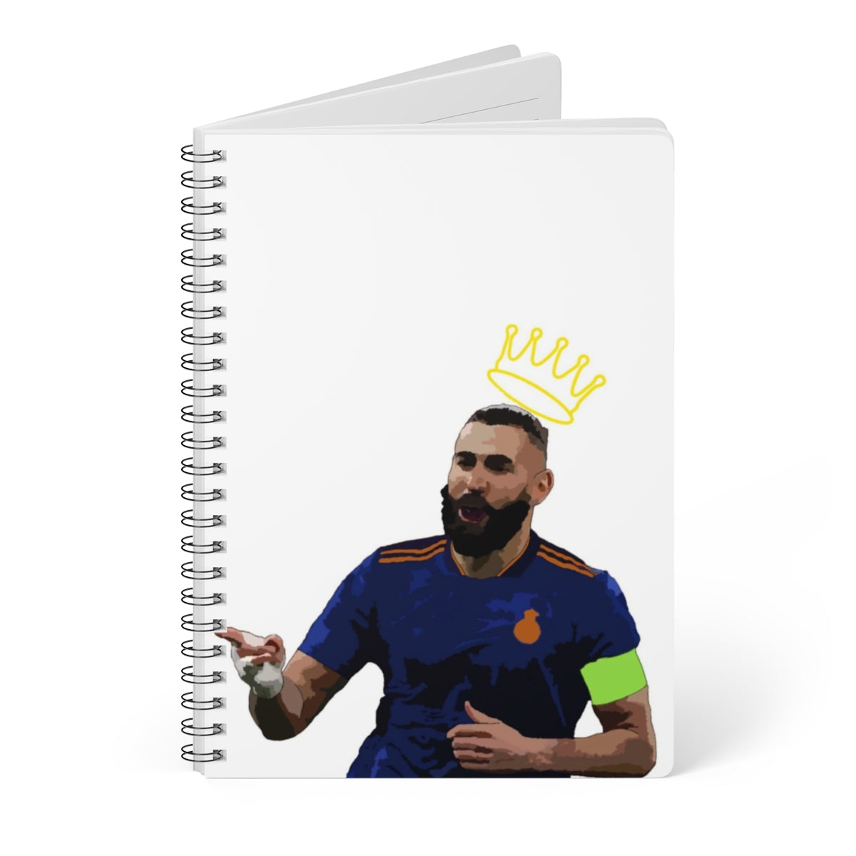 Front view of Karim Benzema Madrid with crown a top his head against white background A5 spiral notepad.