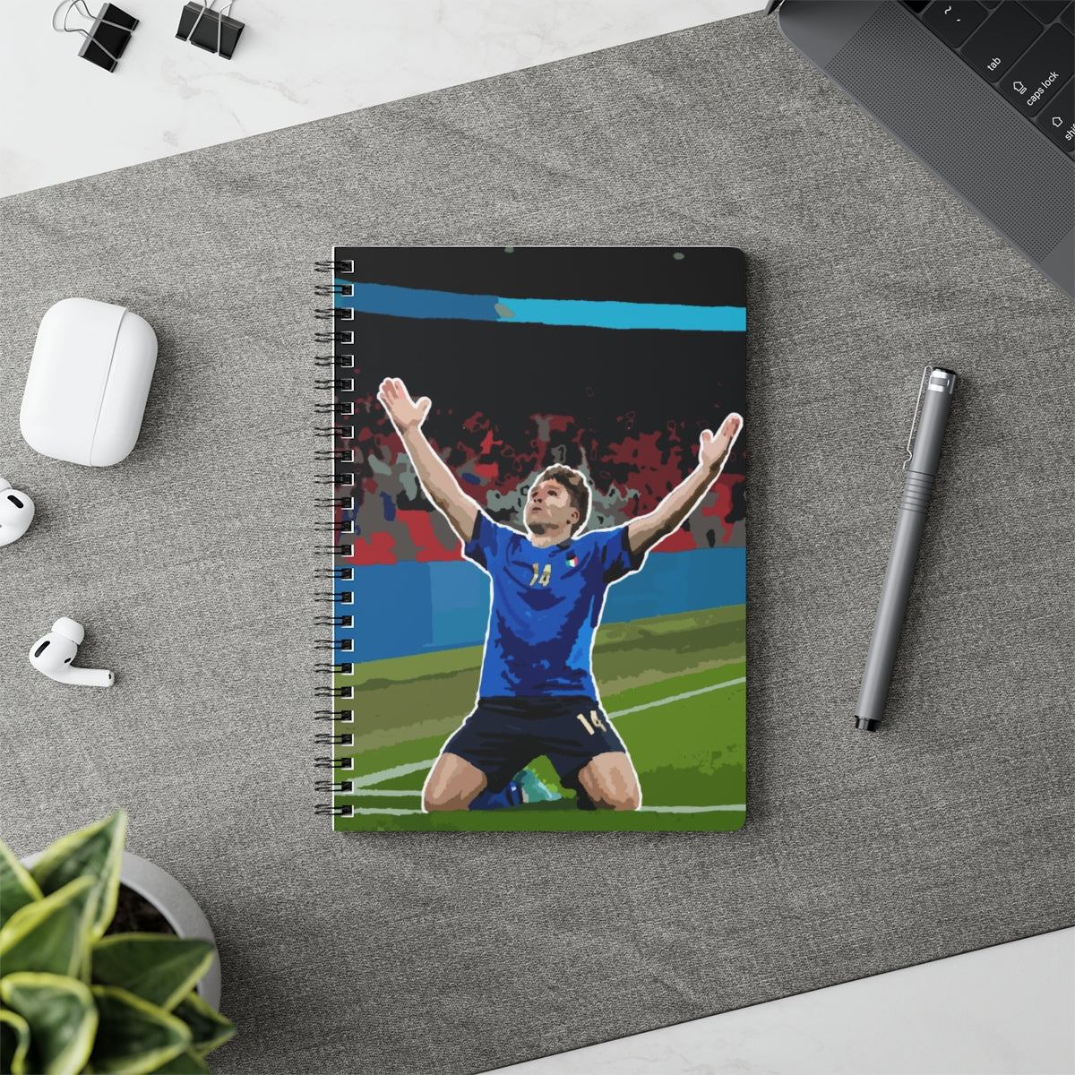 Contextual Front view of Federico Chiesa Italy celebrating Wembley stadium background A5 spiral notepad.