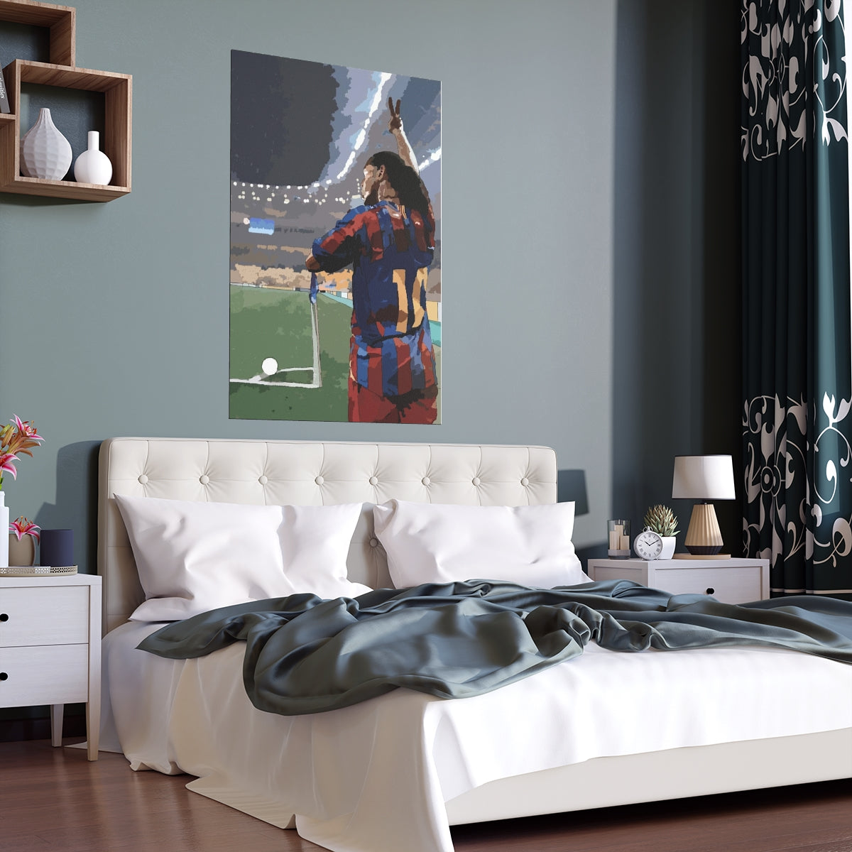 Contextual Front view of Barcelona Ronaldinho taking a corner kick in front of a stadium background with pitch poster