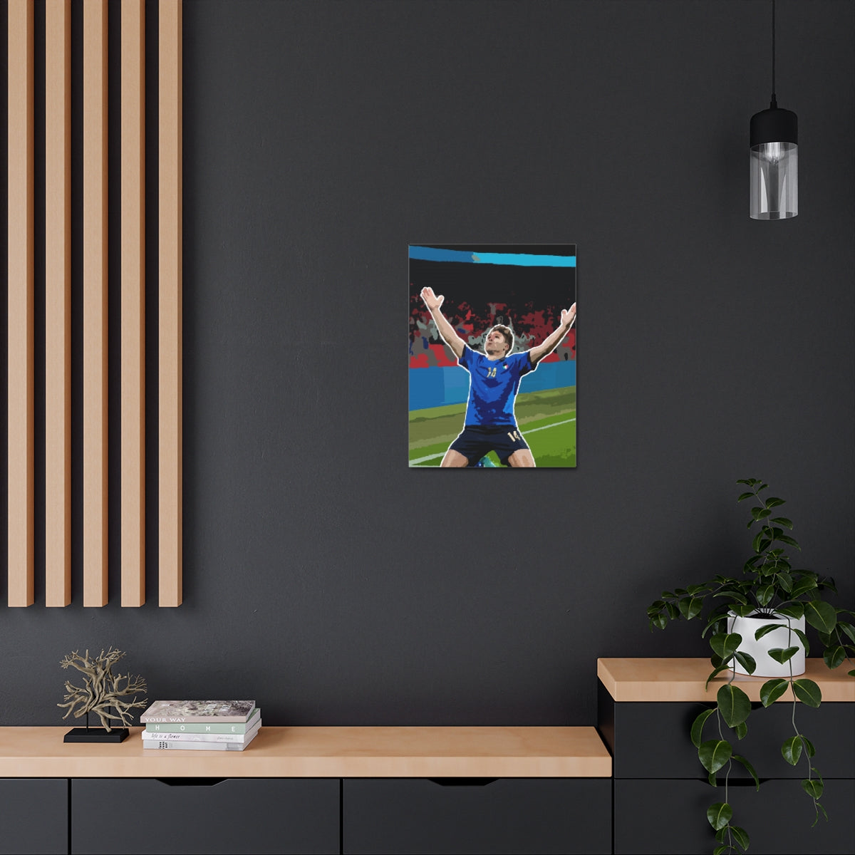 Contextual Front view of Federico Chiesa Italy celebrating Wembley stadium background satin canvas.