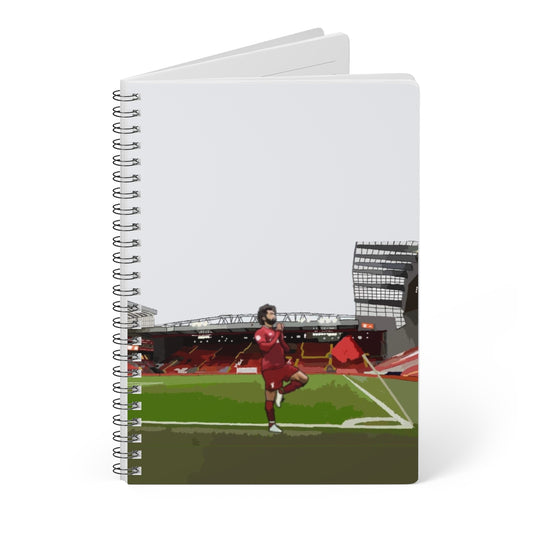 Front view of Liverpool Mohammed Salah in front of Anfield background on A5 spiral notepad.