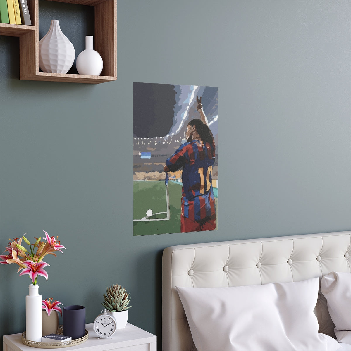 Contextual Front view of Barcelona Ronaldinho taking a corner kick in front of a stadium background with pitch poster