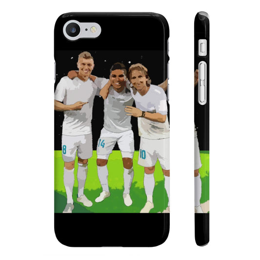 Front view of phone case featuring design of Casemiro, Kroos and Modric on iPhone phone case 