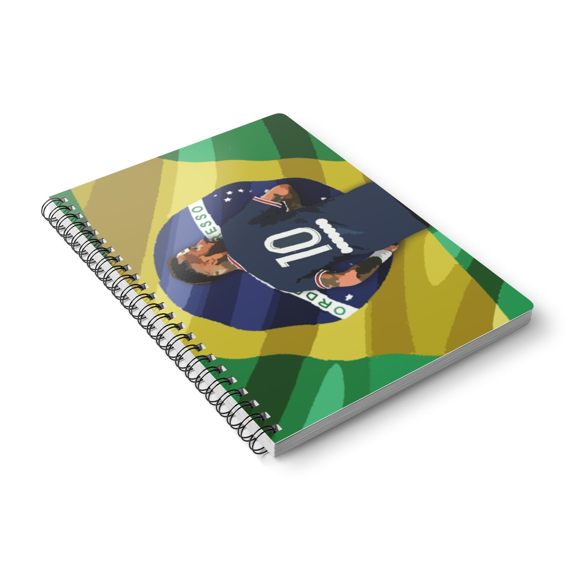 Front view of PSG Neymar in front of Brazilian flag background A5 spiral notepad.