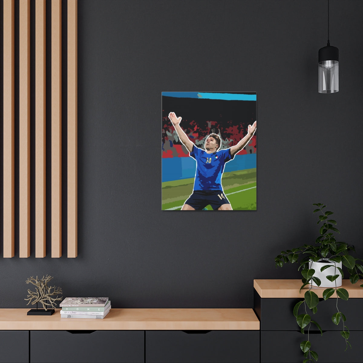 Contextual Front view of Federico Chiesa Italy celebrating Wembley stadium background satin canvas.