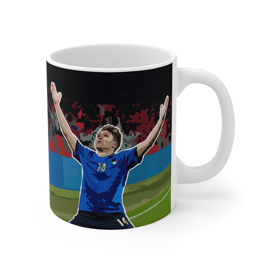 Front view of Federico Chiesa Italy celebrating Wembley stadium background ceramic mug.