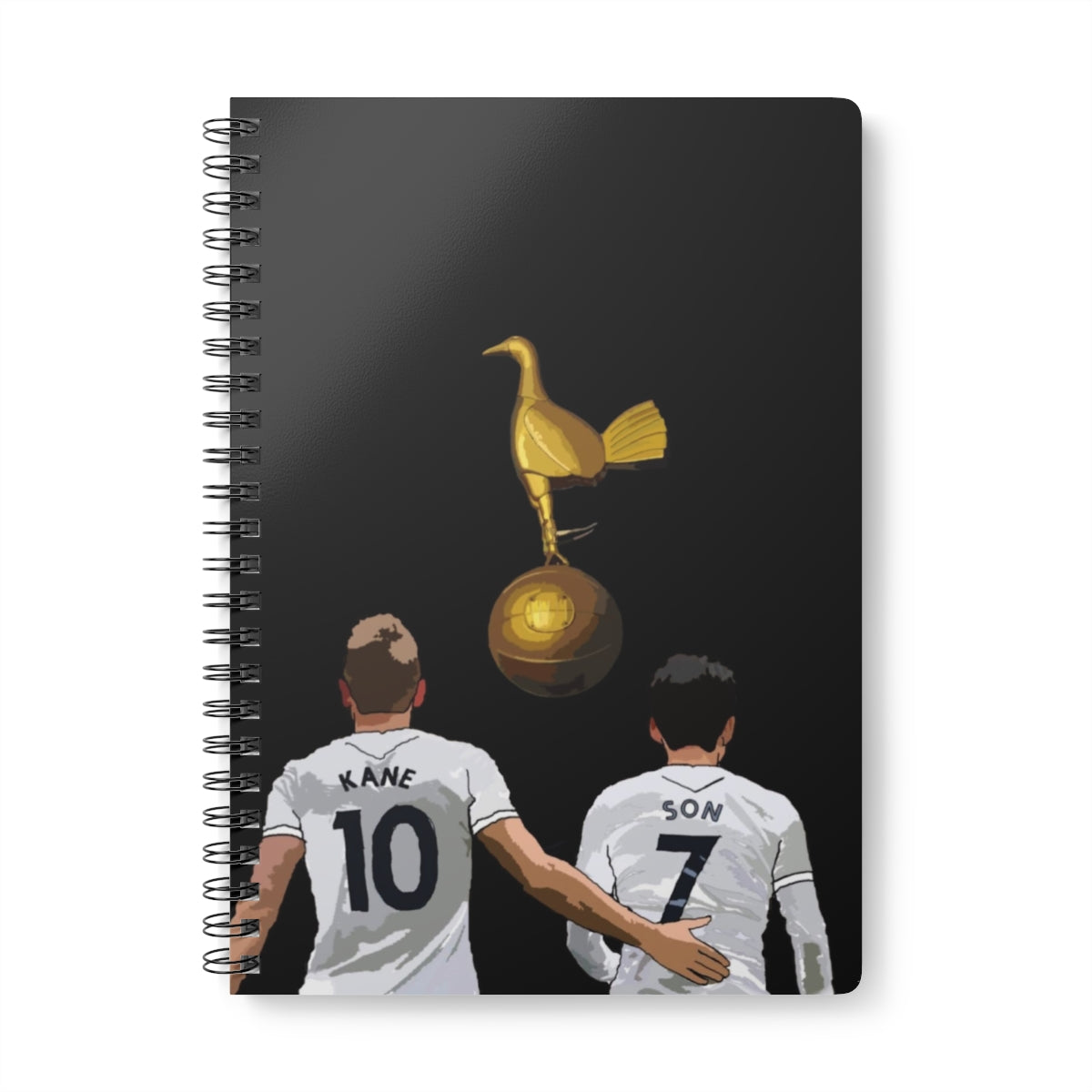 Front view of Harry Kane and Heung-Min Son with a gold cockrel on a black background on a black A5 spiral notepad.