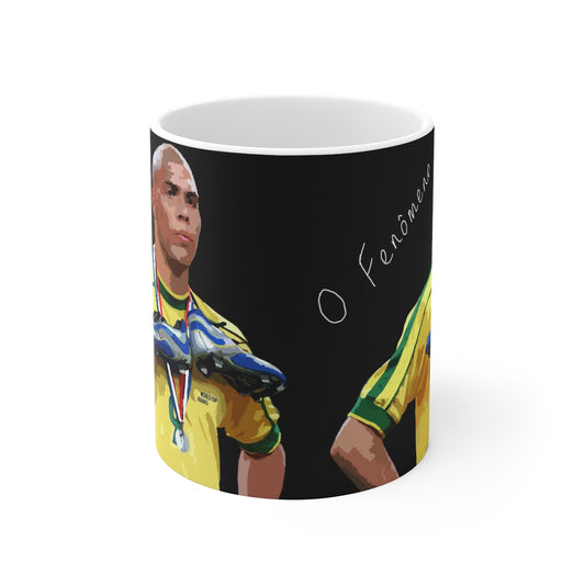 Front view of Brazilian Ronaldo 'The Phenomenon' stylishly printed on black ceramic mug