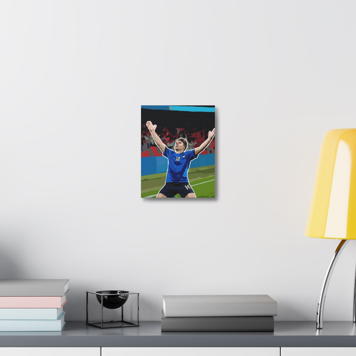 Contextual Front view of Federico Chiesa Italy celebrating Wembley stadium background satin canvas.