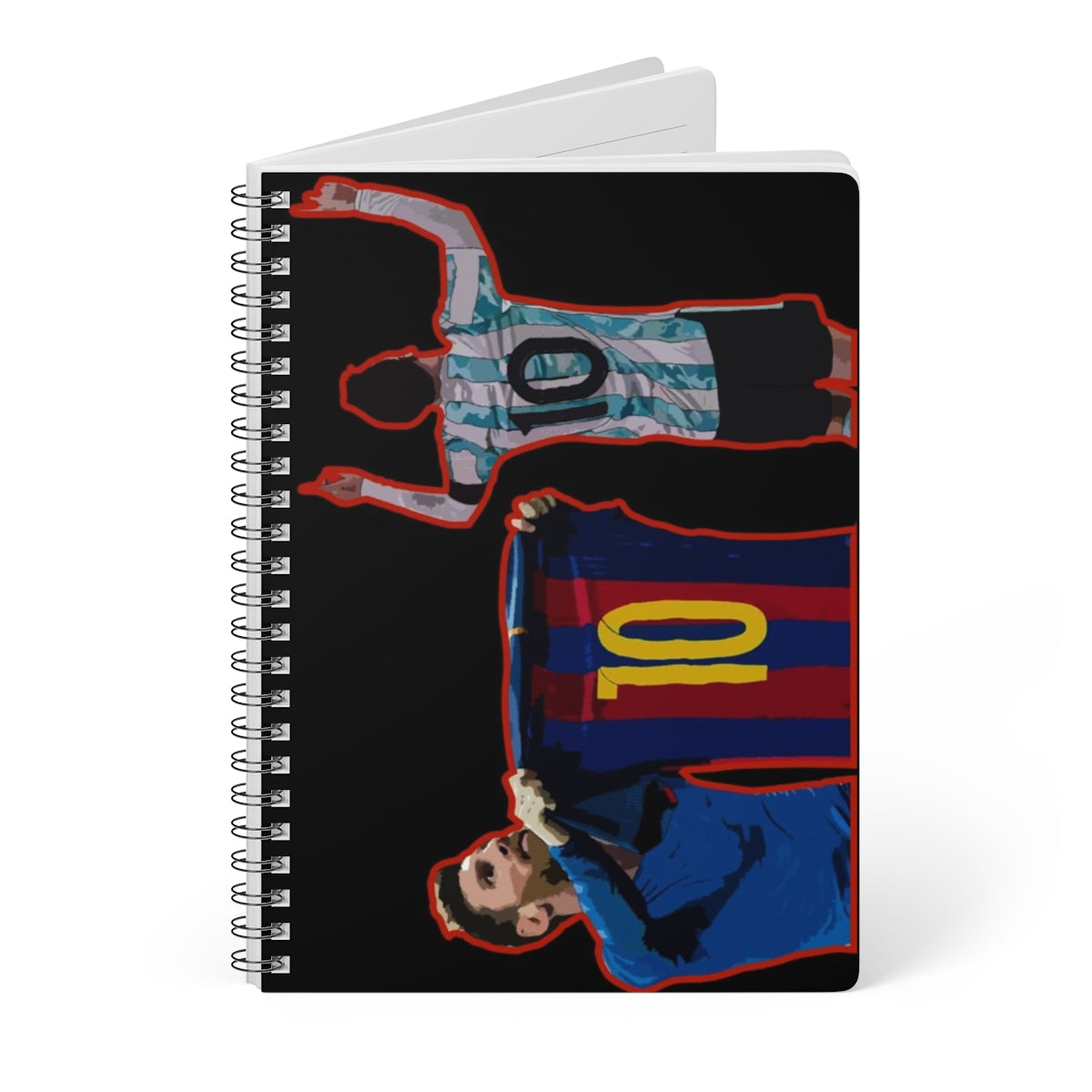 Front view of Barcelona and Argentina Lionel Messi iconic celebrations against black background A5 spiral notepad.