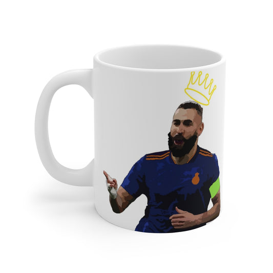 Side view of Madrid Benzema with a crown a top his head on white ceramic mug