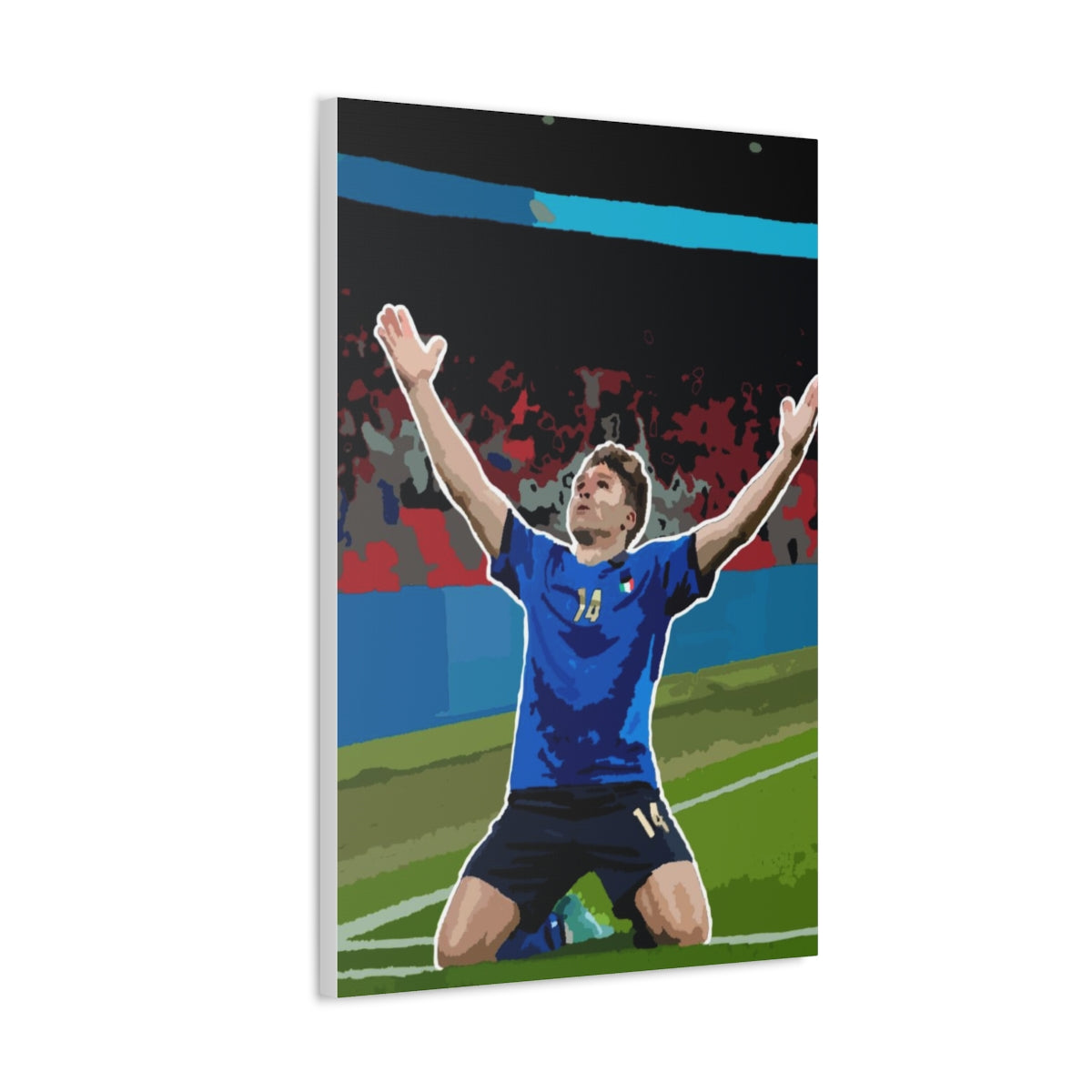 Front view of Federico Chiesa Italy celebrating Wembley stadium background satin canvas.