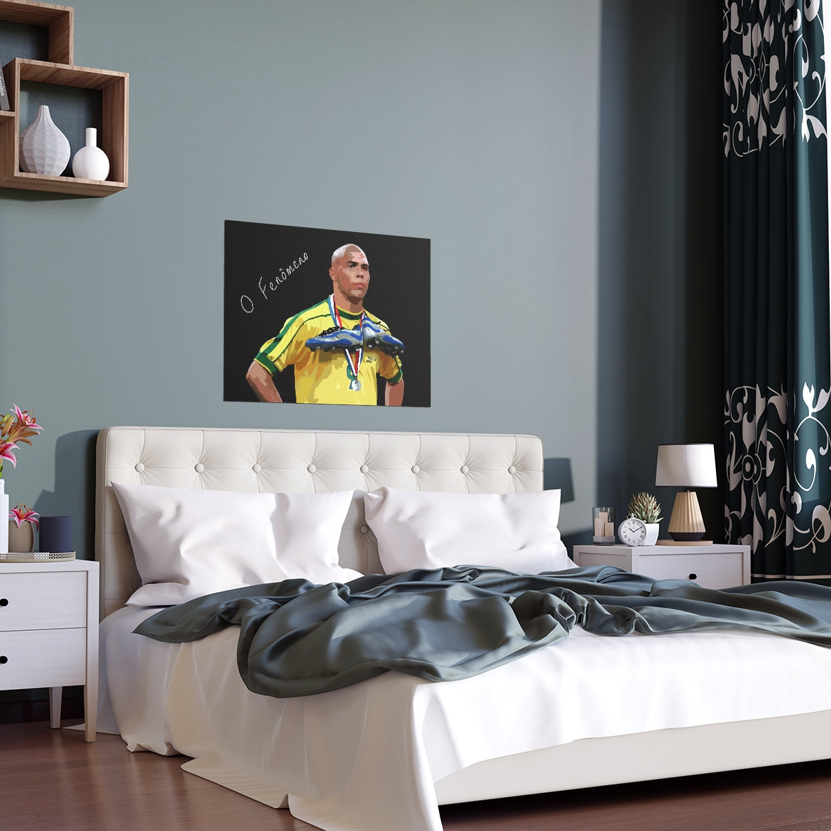 Contextual Front view of Brazilian Ronaldo with text the phenomenon on a black background black poster hanging above a double bed.