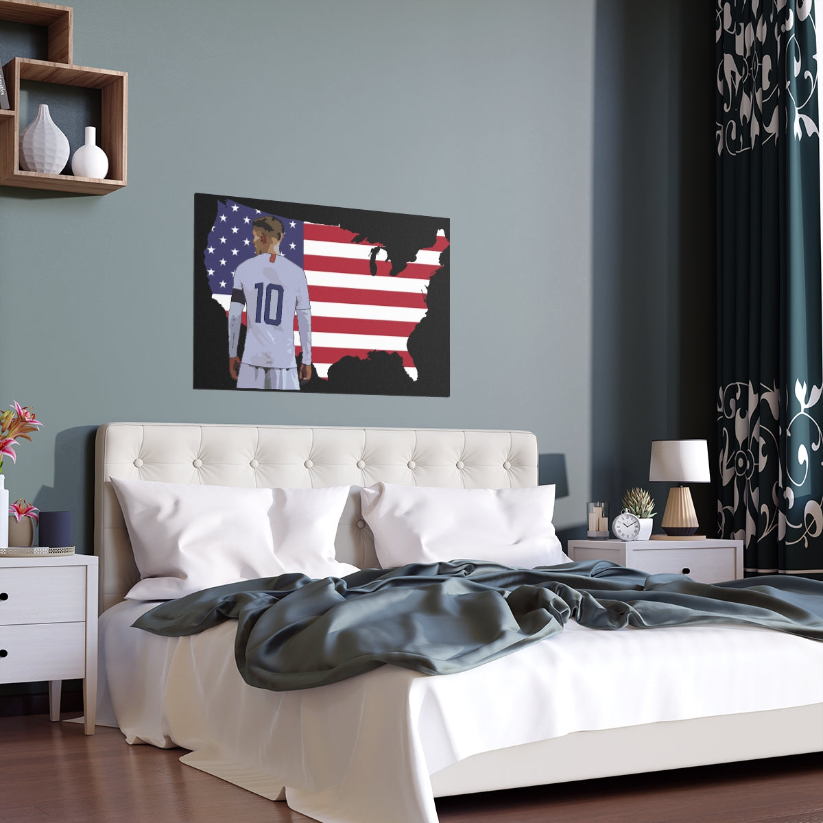 Contextual Front view of Christian Pulisic in USMNT kit in front of USA themed background of flag inside country outline poster hanging above bed.