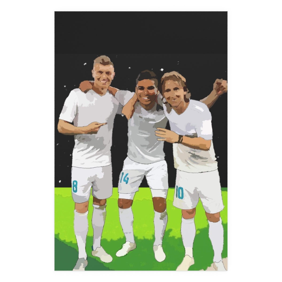 Front view of Toni Kroos, Casemiro and Luka Modric arm in arm on a black poster.