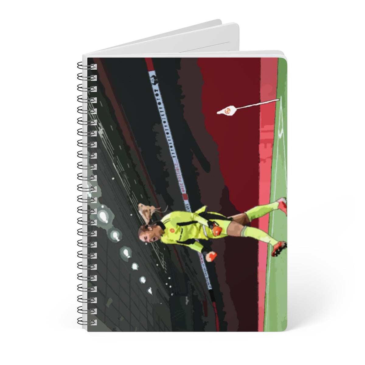 Front view of Mary Earps Manchester United celebrating in front on Old Trafford background A5 spiral notepad.