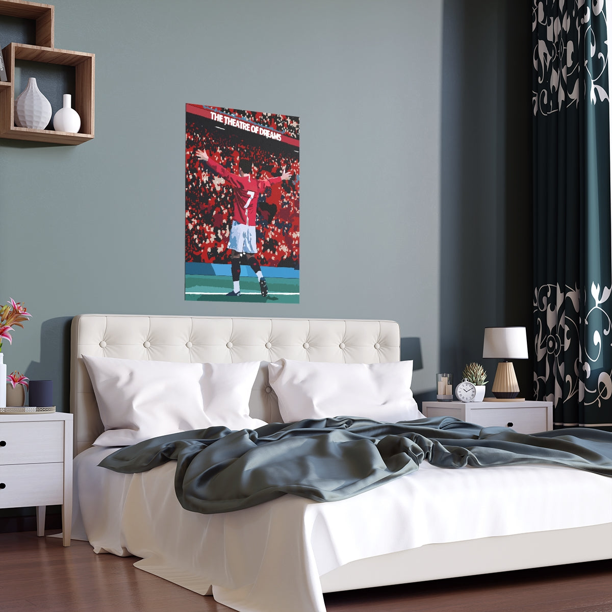 Contextual Front view of Manchester United Cristiano Ronaldo celebrating in front of Old Trafford crowd on a poster hanging above a double bed.