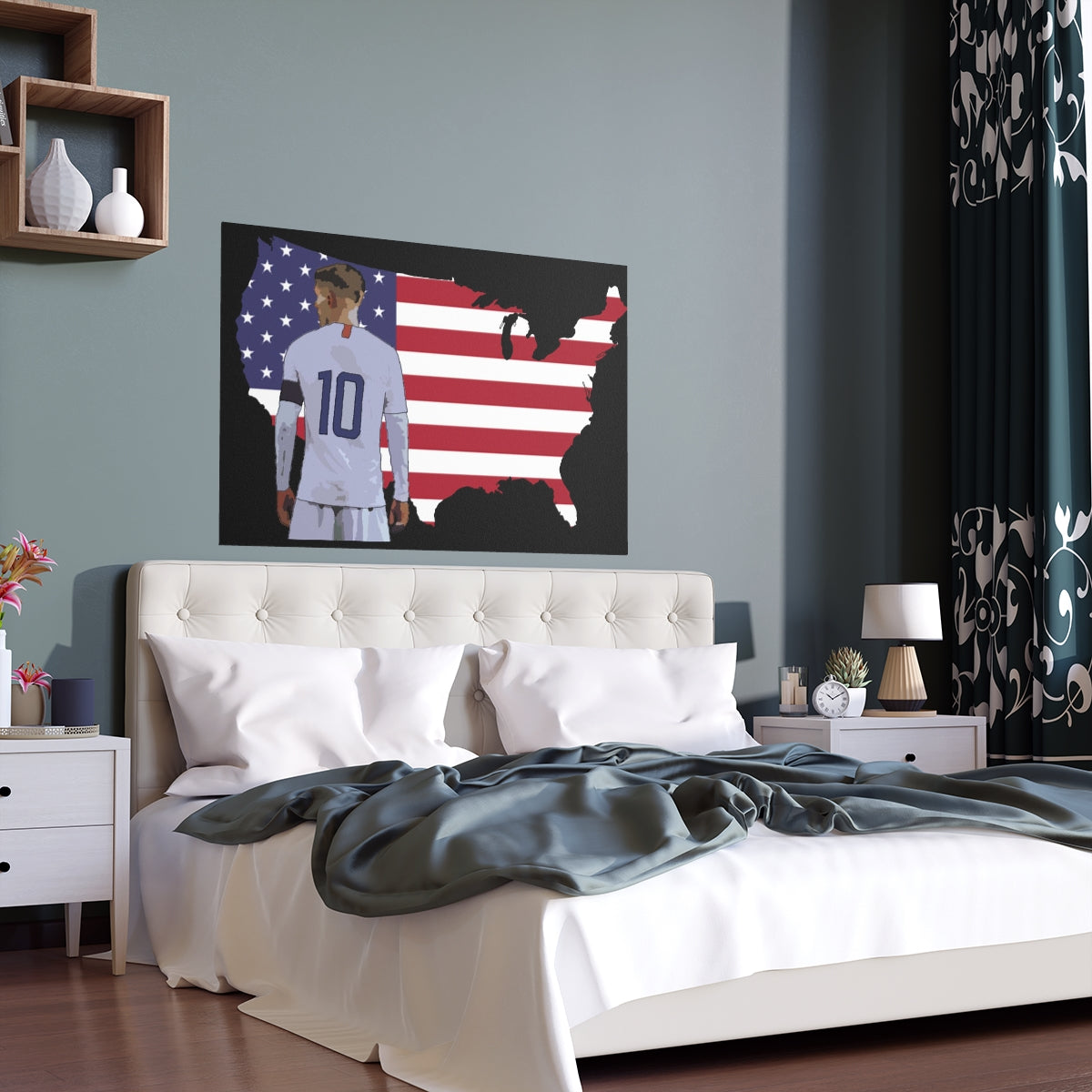 Contextual Front view of Christian Pulisic in USMNT kit in front of USA themed background of flag inside country outline poster.