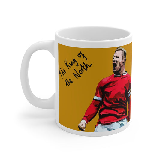 Side on View of Manchester United Rooney design the king of the north orange and white ceramic mug 