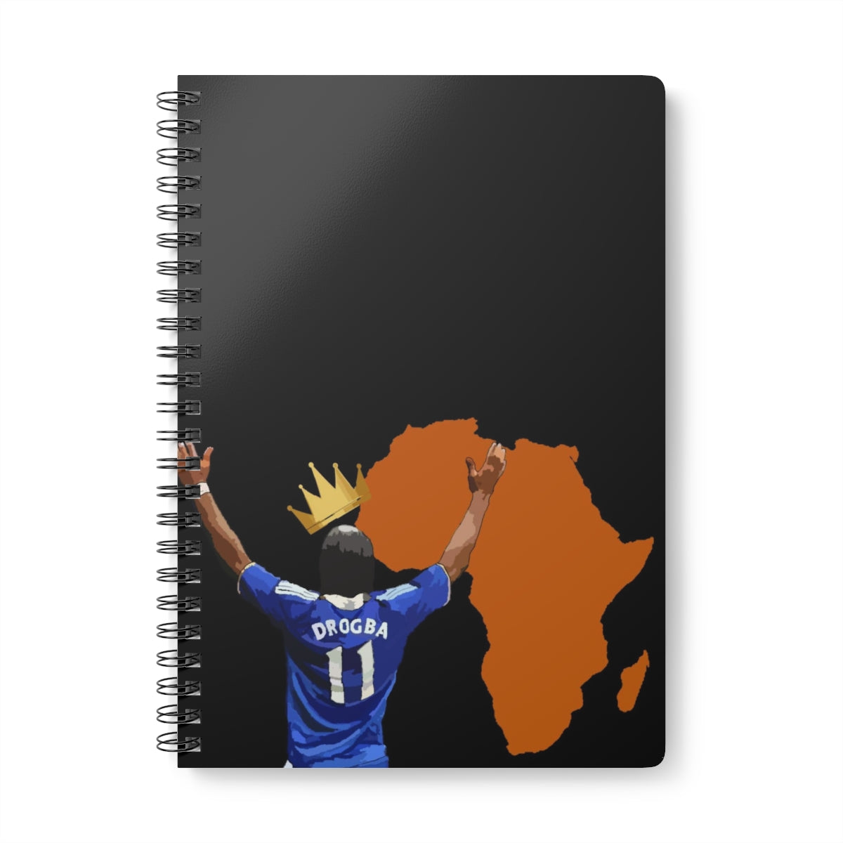 Front view of Chelsea Didier Drogba with a crown a top his head with the orange coloured continent of Africa on an A5 spiral notepad.