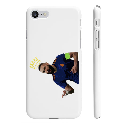 Front view of Madrid Benzema with a crown a top his head on white iPhone phone case