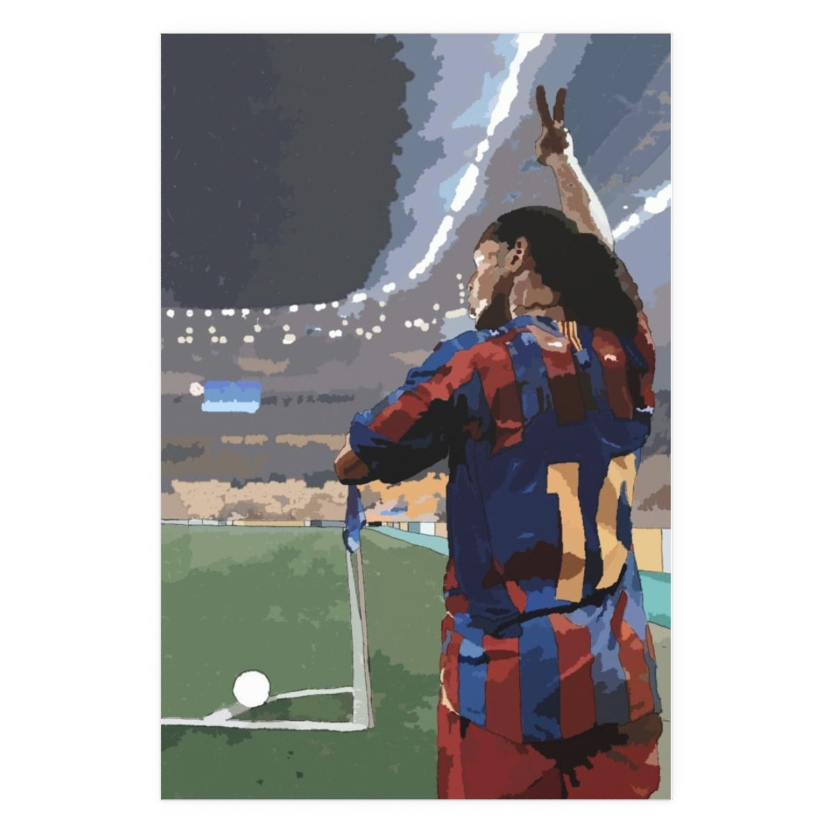 Front view of Barcelona Ronaldinho taking a corner kick in front of a stadium background with pitch poster