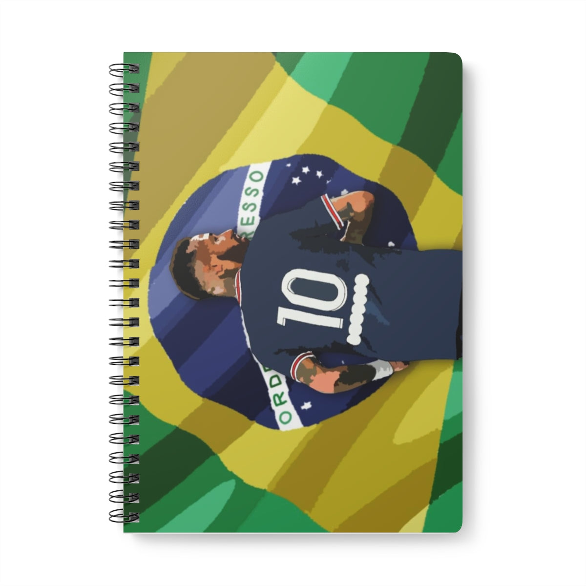 Front view of PSG Neymar in front of Brazilian flag background A5 spiral notepad.