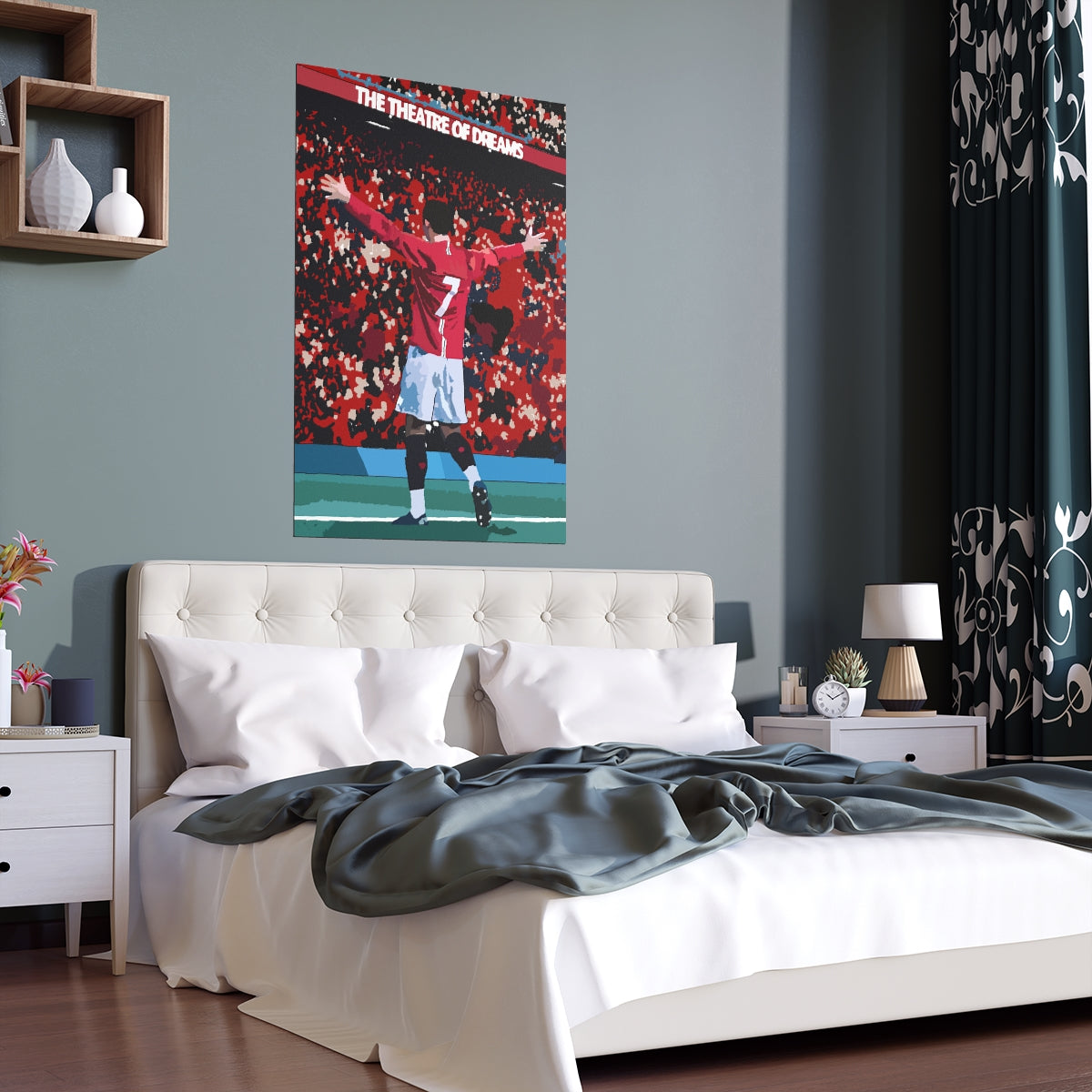 Contextual Front view of Manchester United Cristiano Ronaldo celebrating in front of Old Trafford crowd on a poster hanging above a double bed.