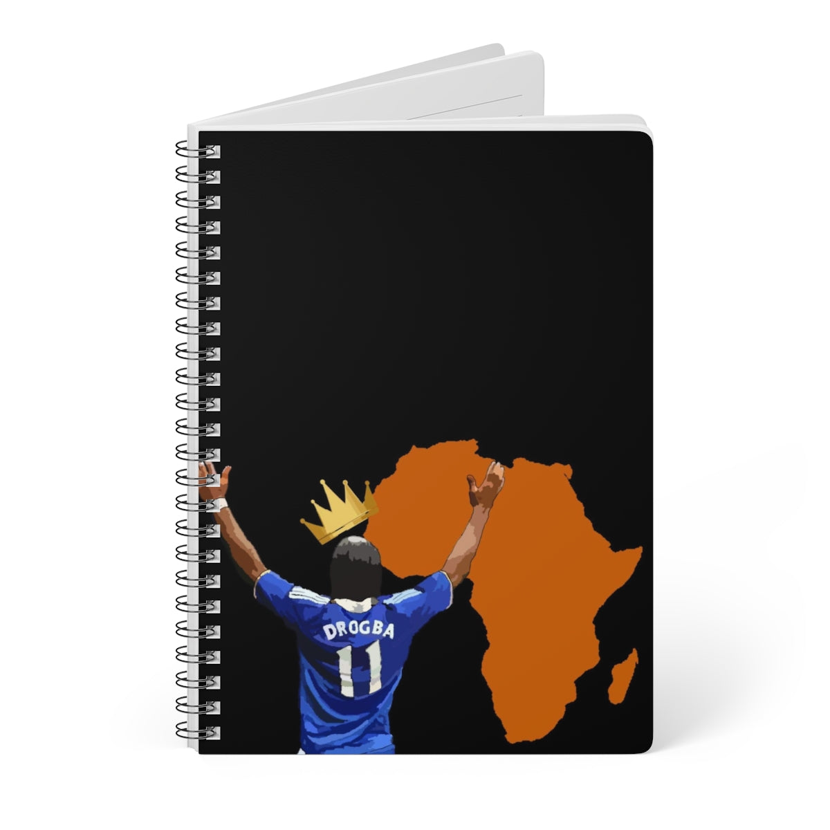 Front view of Chelsea Didier Drogba with a crown a top his head with the orange coloured continent of Africa on an A5 spiral notepad.