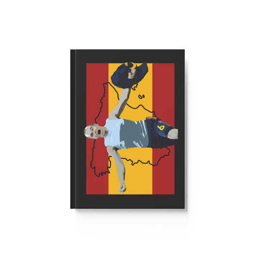 Front view of Iniesta Spain celebrating with Spain flag and Spain country outline background black hard back notepad.