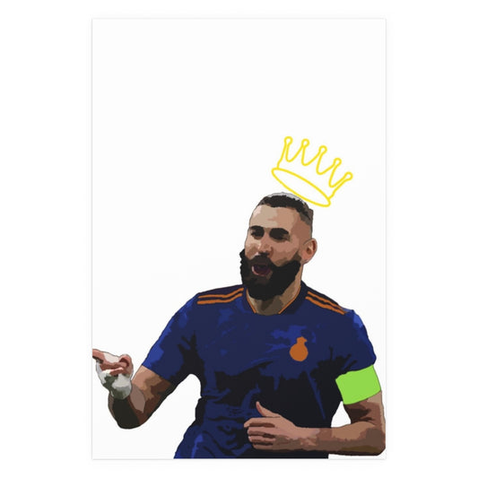 Front view of Karim Benzema Madrid with crown a top his head against white background on a white poster.