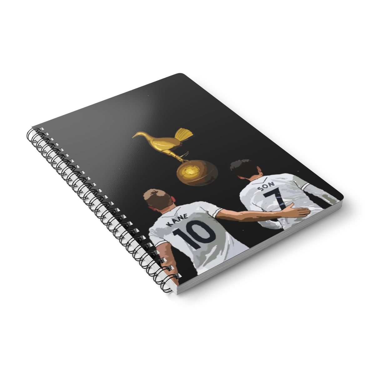 Front view of Harry Kane and Heung-Min Son with a gold cockrel on a black background on a black A5 spiral notepad.