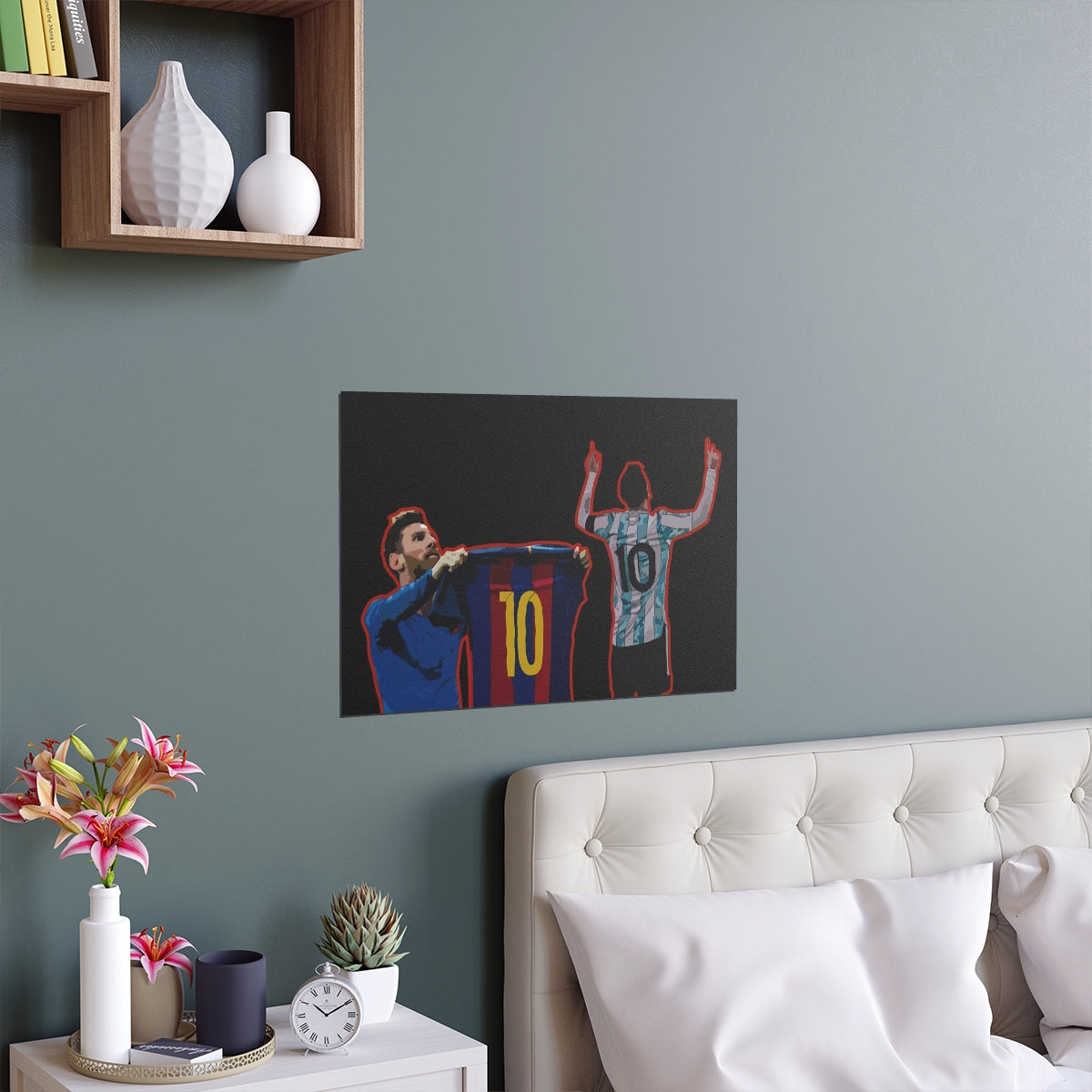 Contextual front view of Barcelona and Argentina Lionel Messi iconic celebrations against black background on a black tea poster.