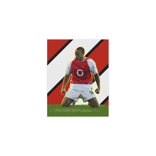 Front view of Thierry Henry Arsenal iconic knee slide celebration against a red and white striped background poster.