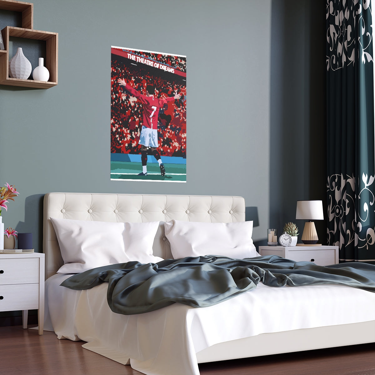 Contextual Front view of Manchester United Cristiano Ronaldo celebrating in front of Old Trafford crowd on a poster hanging above a double bed.