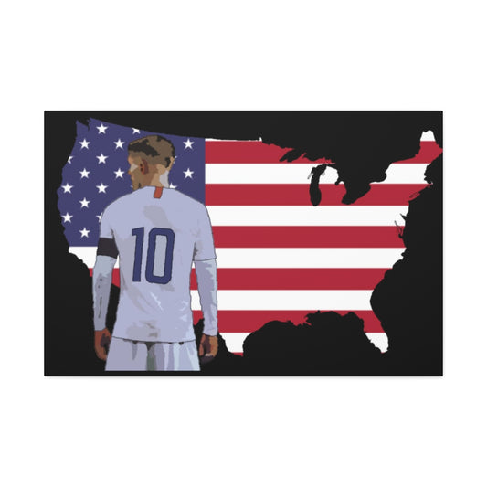 Front view of Christian Pulisic in USMNT kit in front of USA themed background of flag inside country outline black canvas.