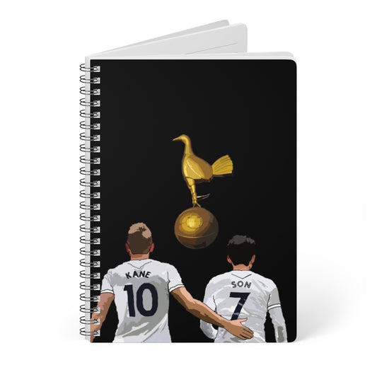 Front view of Harry Kane and Heung-Min Son with a gold cockrel on a black background on a black A5 spiral notepad.