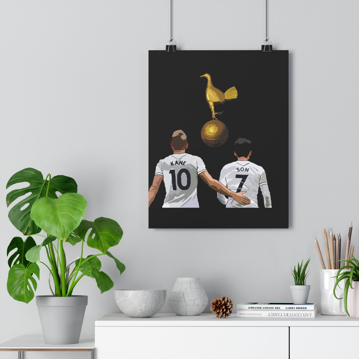 Contextual Front view of Harry Kane and Heung-Min Son with a gold cockrel on a black background hanging poster.