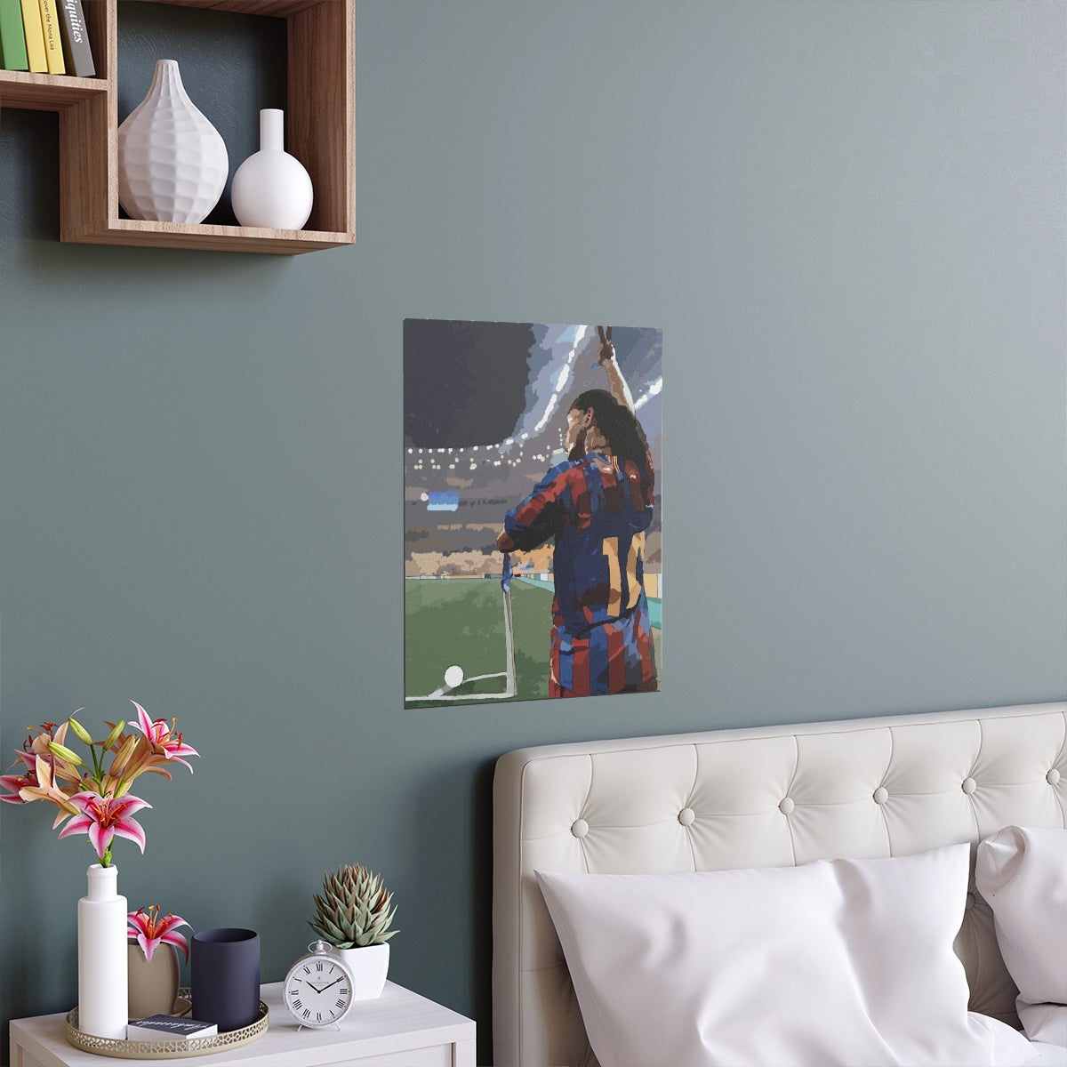 Contextual Front view of Barcelona Ronaldinho taking a corner kick in front of a stadium background with pitch poster