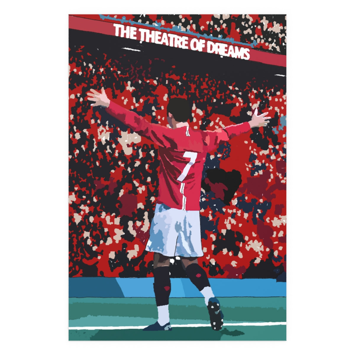 Front view of Manchester United Cristiano Ronaldo celebrating in front of Old Trafford crowd on a poster.