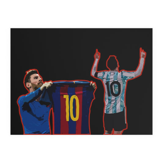 Front view of Barcelona and Argentina Lionel Messi iconic celebrations against black background on a black tea poster.