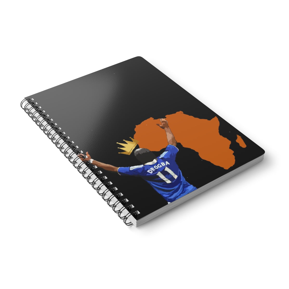 Front view of Chelsea Didier Drogba with a crown a top his head with the orange coloured continent of Africa on an A5 spiral notepad.