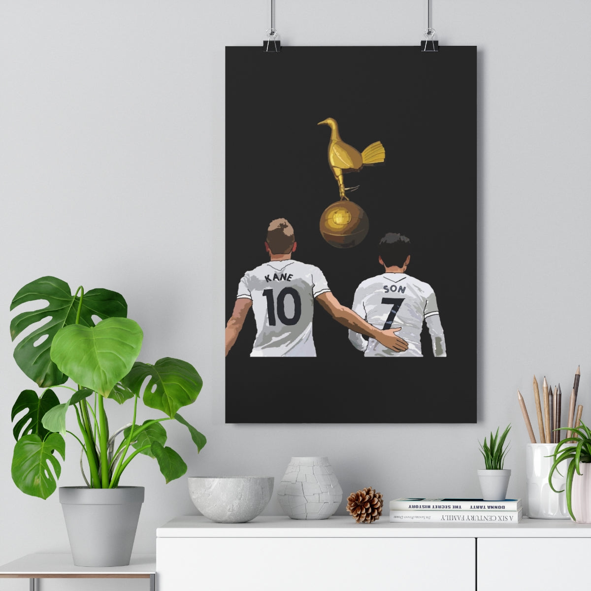 Contextual Front view of Harry Kane and Heung-Min Son with a gold cockrel on a black background hanging poster.