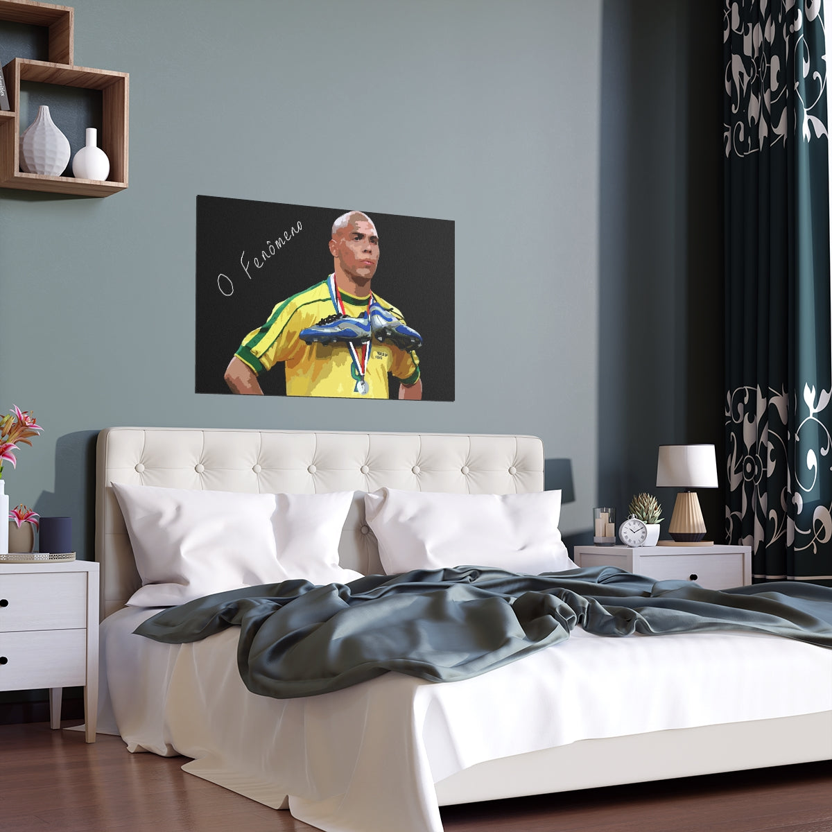 Contextual Front view of Brazilian Ronaldo with text the phenomenon on a black background black poster hanging above a double bed.