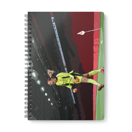 Front view of Mary Earps Manchester United celebrating in front on Old Trafford background A5 spiral notepad.